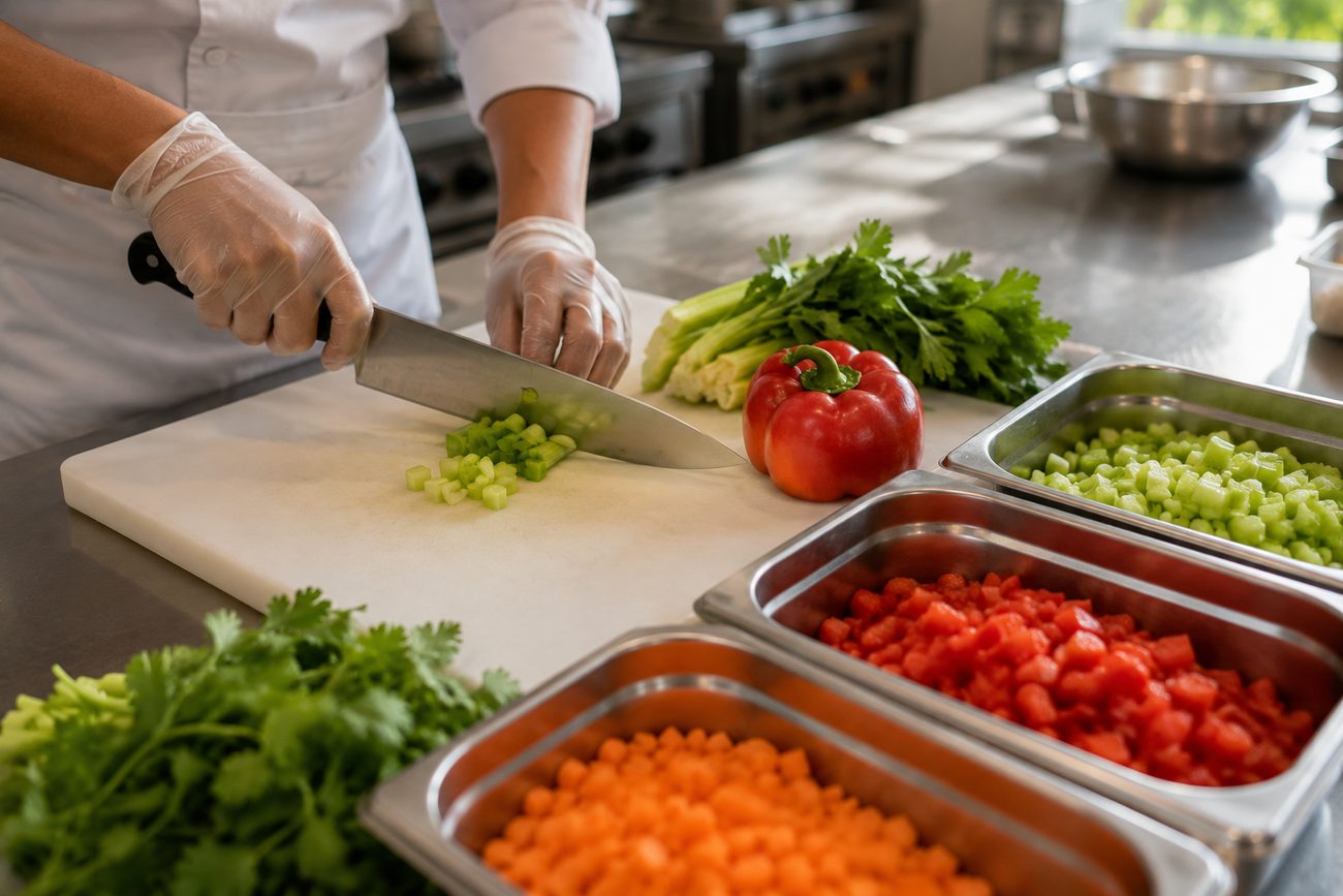 Manos con guantes cortando verduras frescas sobre tabla en la cocina