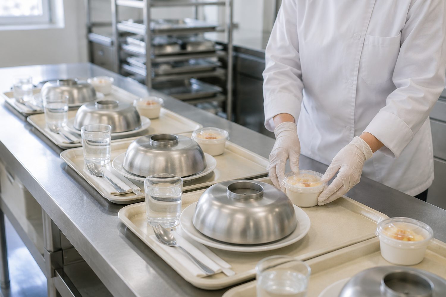 Armado de bandejas para servicio hospitalario, con campanas térmicas y postre