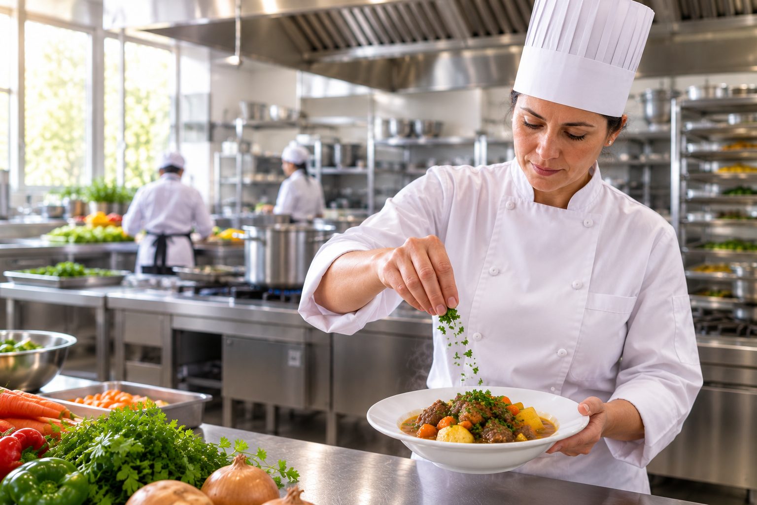 Chef terminando un plato de cazuela en la cocina de un casino institucional